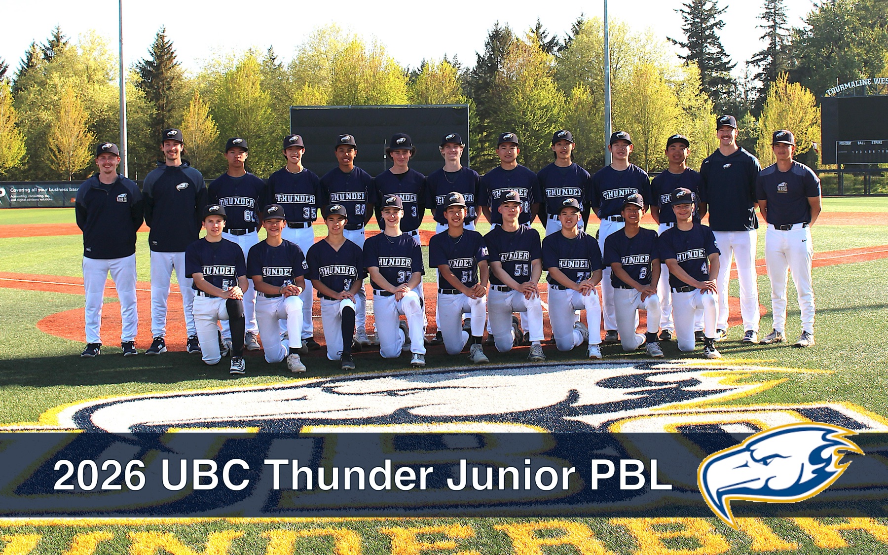 UBC Thunder Junior PBL baseball team posing in uniform on a baseball field with coaches.